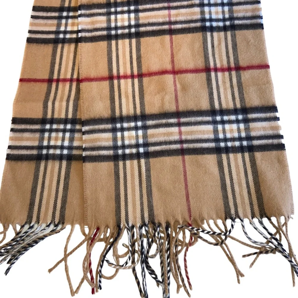 V. Fraas Tan Plaid Scarf Fringe Unisex Mens Womens Made in Germany Soft Acrylic